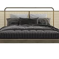 Double Bed With Woven Headboard Wooden Frame And Gray Striped Bedding