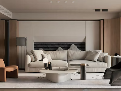 Modern Living Room Interior With Light Gray Sofa Wooden Coffee Table And Minimalist Fireplace 3d model