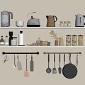 Kitchen Shelves With Kettles Jars Bowls And Hanging Cooking Utensils