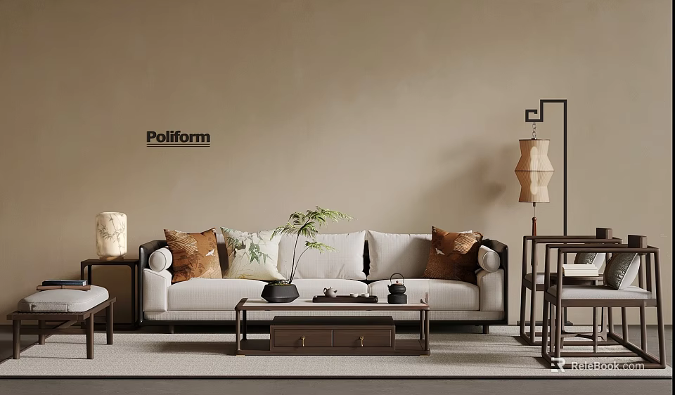 Modern Fabric Sofa Coffee Table Combination With Decorative Pillows And Green Plants 3d model 