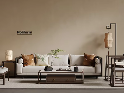 Modern Fabric Sofa Coffee Table Combination With Decorative Pillows And Green Plants 3d model