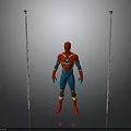 Superhero Figure In Red And Blue Costume Standing Between Tall Poles On Dark Background
