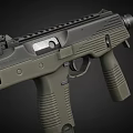 Green And Black Tactical Pistol With Textured Grip And Picatinny Rail Design