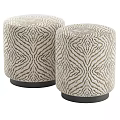 Stylish Round Ottoman Poufs with Cream Brown Striped Pattern and Black Base 3d model