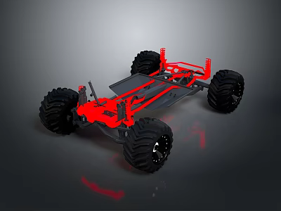 Red Off Road Vehicle Chassis With Large Black Tires And Frame Structure 3d model