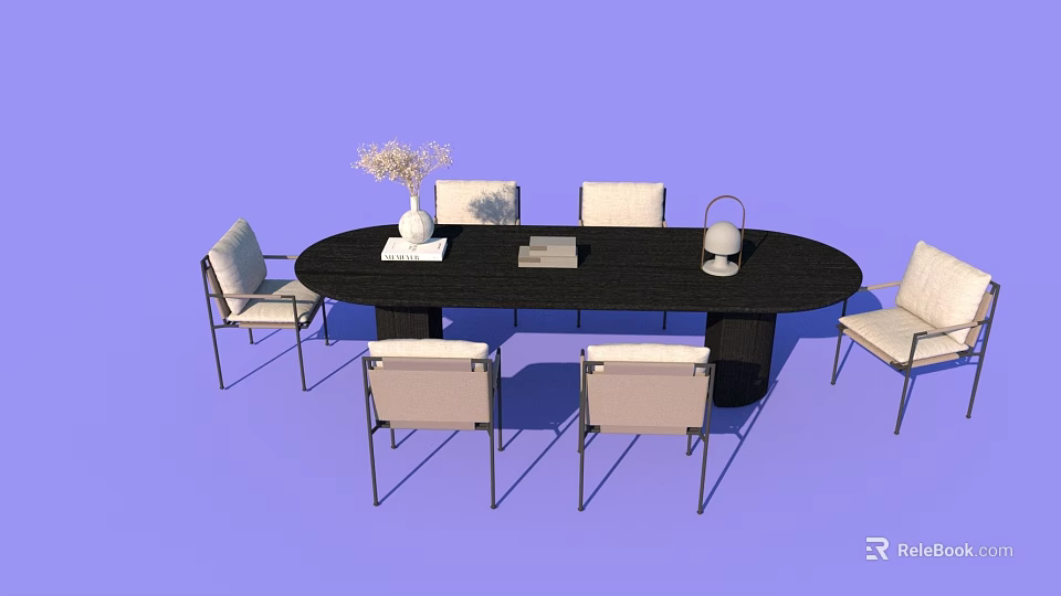 Modern Black Oval Dining Table Set with Six White Chairs and Decorative Vase Books Lantern 3d model 