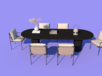 Modern Black Oval Dining Table Set with Six White Chairs and Decorative Vase Books Lantern 3d model