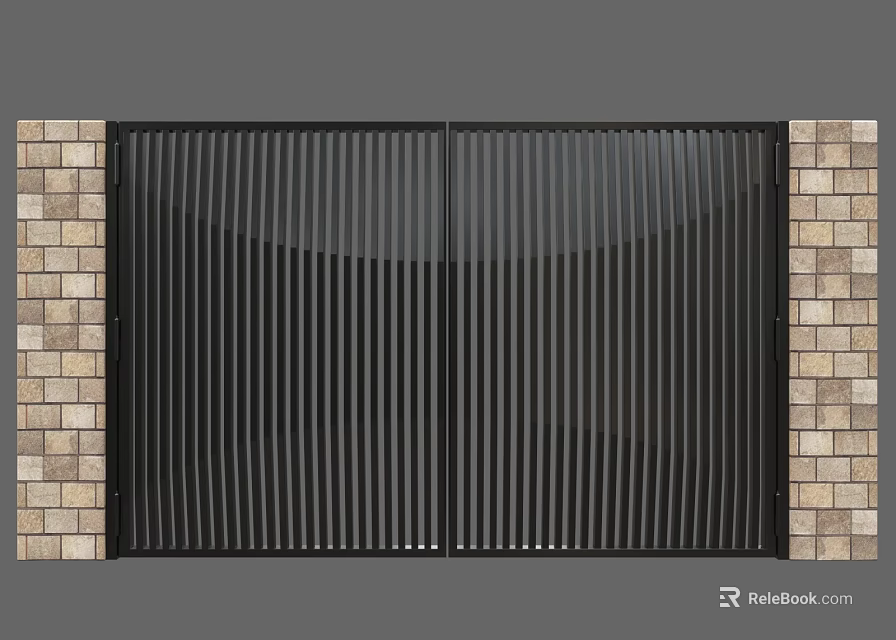 Modern Gate Design With Black Vertical Slats And Brick Walls 3d model 
