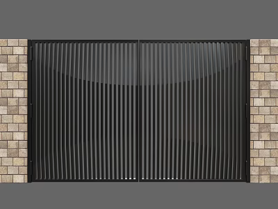 Modern Gate Design With Black Vertical Slats And Brick Walls 3d model Modern Gate Design With Black Vertical Slats And Brick Walls 3d model