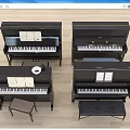 Black Upright Pianos With Music Sheets And Matching Stools For Musical Instruments