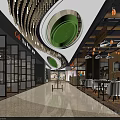 Modern Shopping Mall Lobby With Spiral Ceiling Decor Green Circular Elements Pendant Lights Glass Partitions