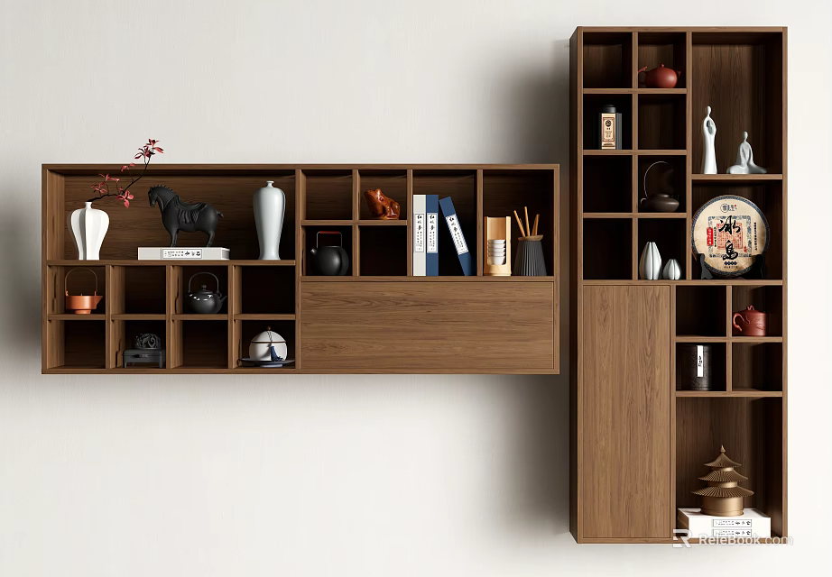 Wooden Shelving Unit with Multiple Compartments Holding Decorative Vases Books and Tea Sets 3d model 