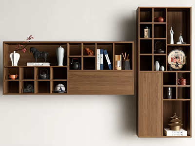 Wooden Shelving Unit with Multiple Compartments Holding Decorative Vases Books and Tea Sets 3d model