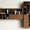 Wooden Shelving Unit with Multiple Compartments Holding Decorative Vases Books and Tea Sets