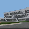 Modern Office Building Exterior With Geometric Facade Large Windows Entrance And Lawn Area