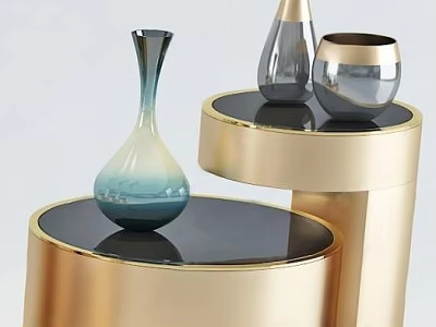 Modern Layered Round Coffee Table With Gold Frame Black Top And Decorative Vases 3d model