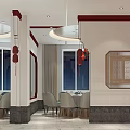 Red And White Restaurant Interior Design With Tables Chairs And Decorative Walls