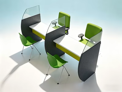 Modern Partitioned Office Desk With Transparent Dividers White Tabletop Black Frame And Green Chairs 3d model