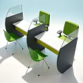 Modern Partitioned Office Desk With Transparent Dividers White Tabletop Black Frame And Green Chairs