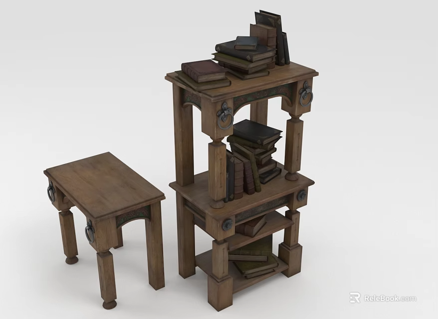 Wooden Multi Tiered Bookcase With Stacked Books And Matching Side Table 3d model 