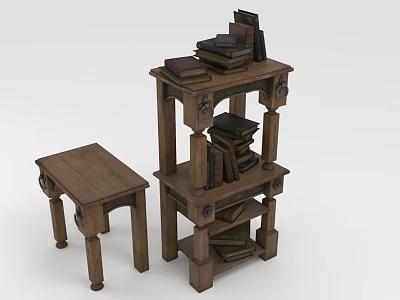 Wooden Multi Tiered Bookcase With Stacked Books And Matching Side Table 3d model