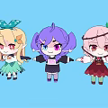 Cute Cartoon Characters with Blonde Purple Pink Hair Green Bow Red Flower and Colorful Dresses