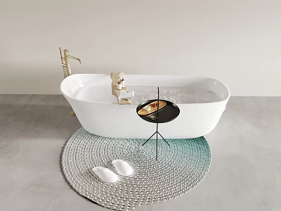 Elegant White Freestanding Bathtub With Woven Rug Slippers Side Table And Gold Faucet 3d model