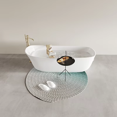 Elegant White Freestanding Bathtub With Woven Rug Slippers Side Table And Gold Faucet 3d model
