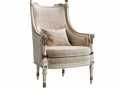 Classic Elegant Armchair With Intricate Carved Armrests Beige Fabric And Wooden Legs 3d model