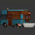 Blue Vintage Food Truck Exterior Design With White Containers And Small Bowl