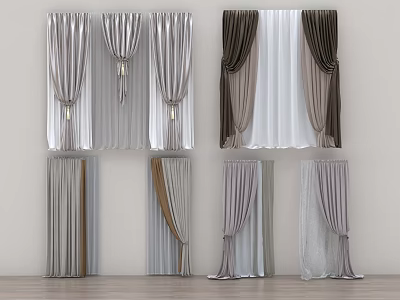 Stylish Layered Curtain Designs in Gray Brown and White with Pleated Drapery 3d model