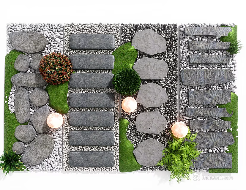 Natural Garden Stepping Stones Pathway With Green Grass Shrubs Pebbles And Lanterns 3d model 