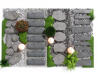 Natural Garden Stepping Stones Pathway With Green Grass Shrubs Pebbles And Lanterns 3d model