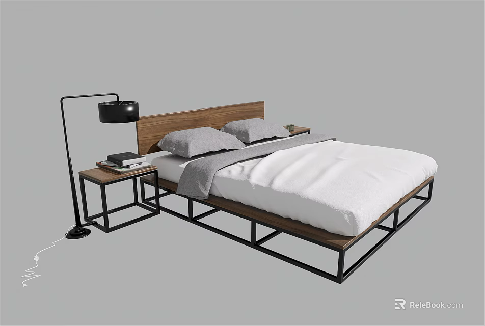 Modern Double Bed With Wooden Headboard Black Metal Frame White Bedding Gray Pillows And Floor Lamp 3d model 