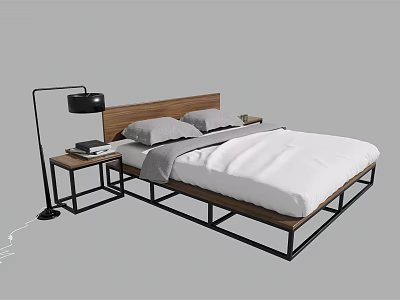 Modern Double Bed With Wooden Headboard Black Metal Frame White Bedding Gray Pillows And Floor Lamp 3d model
