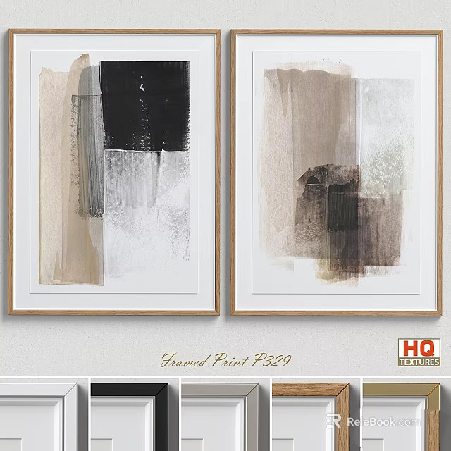 Abstract Framed Print Set With Wooden Frame And Neutral Tones For Modern Home Decor 3d model 