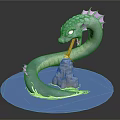 Detailed Blue Dragon Sculpture On Circular Base With Small Tower And Wave Effects 3d model