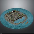 Turtle Shaped Island With Traditional Buildings And Surrounding Blue Water