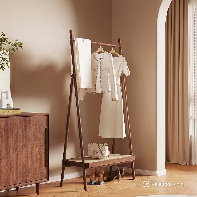 Wooden Clothes Rack With Hanging Shirts Dress And Handbag In Room Interior 3d model 