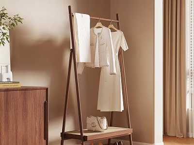 Wooden Clothes Rack With Hanging Shirts Dress And Handbag In Room Interior 3d model