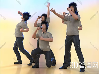 Men with Spiky Hair Singing Dancing and Holding Microphones in Gray T-Shirts 3d model