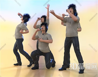 Men with Spiky Hair Singing Dancing and Holding Microphones in Gray T-Shirts 3d model