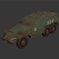 Green Armored Military Vehicle With Six Wheels Number 523 And Weathered Exterior