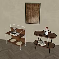 Modern Stylish Side Tables With Wooden Tabletops Metal Frames Wheels And Decorative Figurines