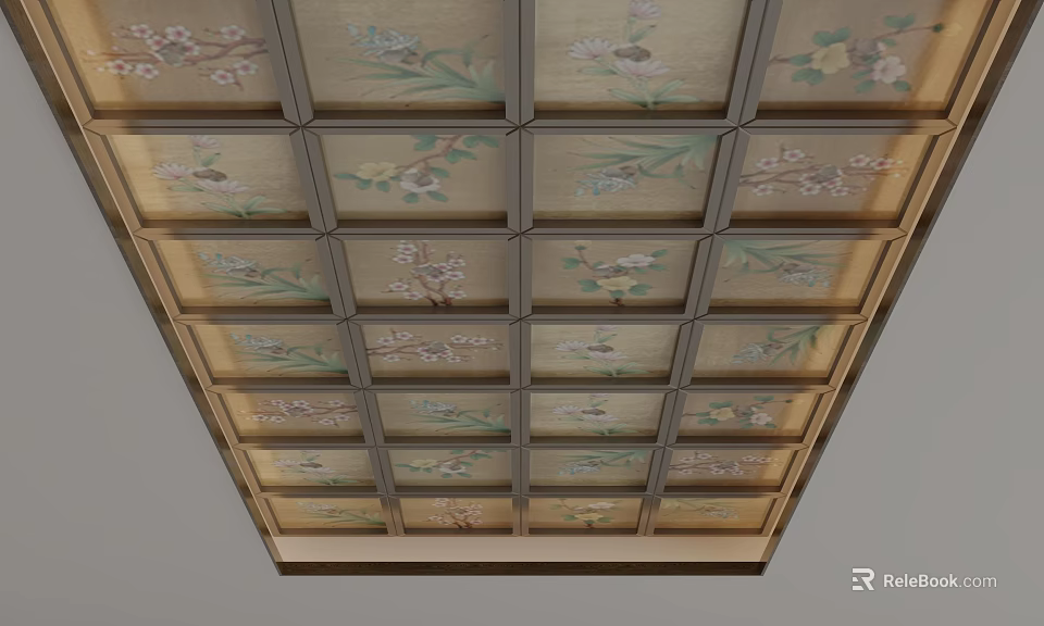 Traditional Decorative Ceiling Design With Square Panels And Floral Patterns 3d model