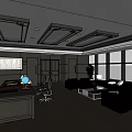 Modern Open Office Interior With Large Windows Desk Office Chairs Landscape Painting And Green Plants