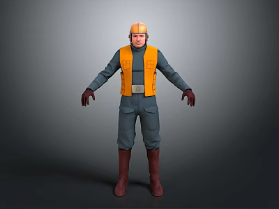 3D Worker Model Wearing Yellow Hard Hat Yellow Vest Gray Work Uniform And Brown Boots 3d model