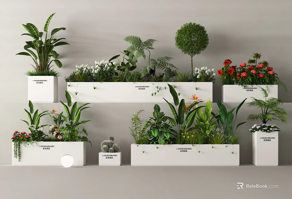 Stylish Indoor Plant Display With White Planters Various Greenery And Colorful Flowers 3d model 