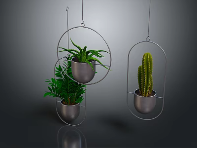 Hanging Green Plants in Metal Planters with Circular and Oval Holders on Gray Background 3d model