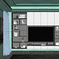 Modern TV Stand with Storage Shelves Decorative Items Flower Vase in Bright Living Room Interior